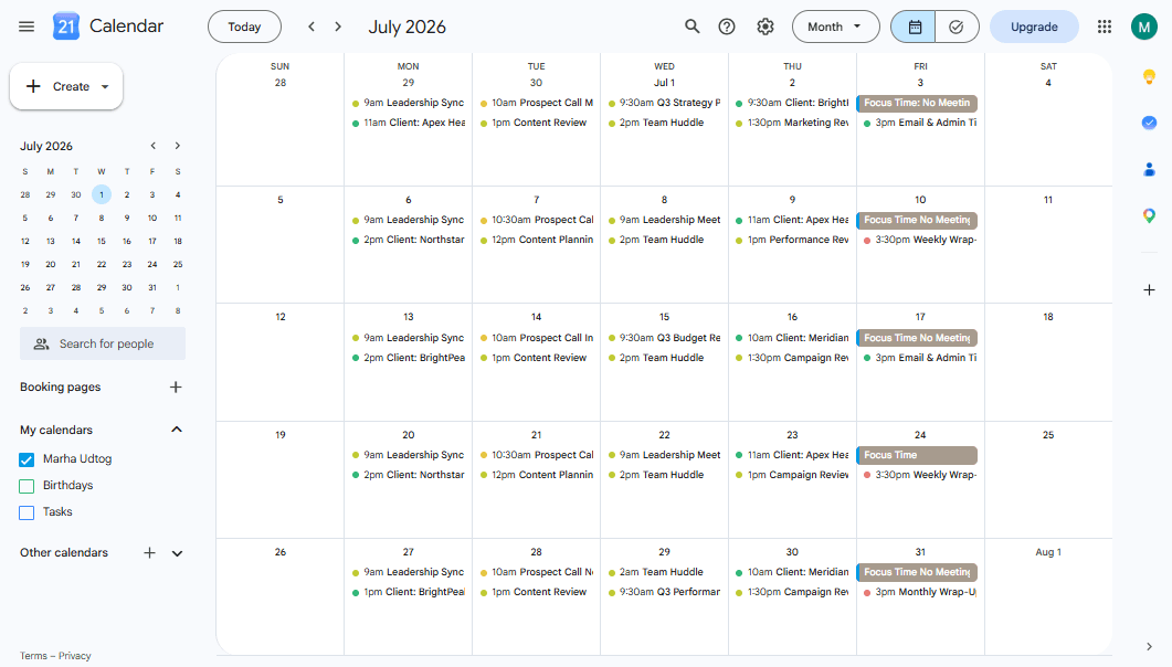 Organized Google Calendar month view with color-coded meetings