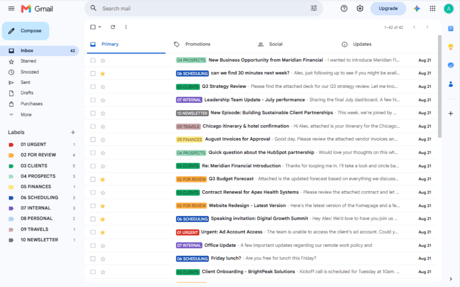 Gmail inbox organized with custom priority labels
